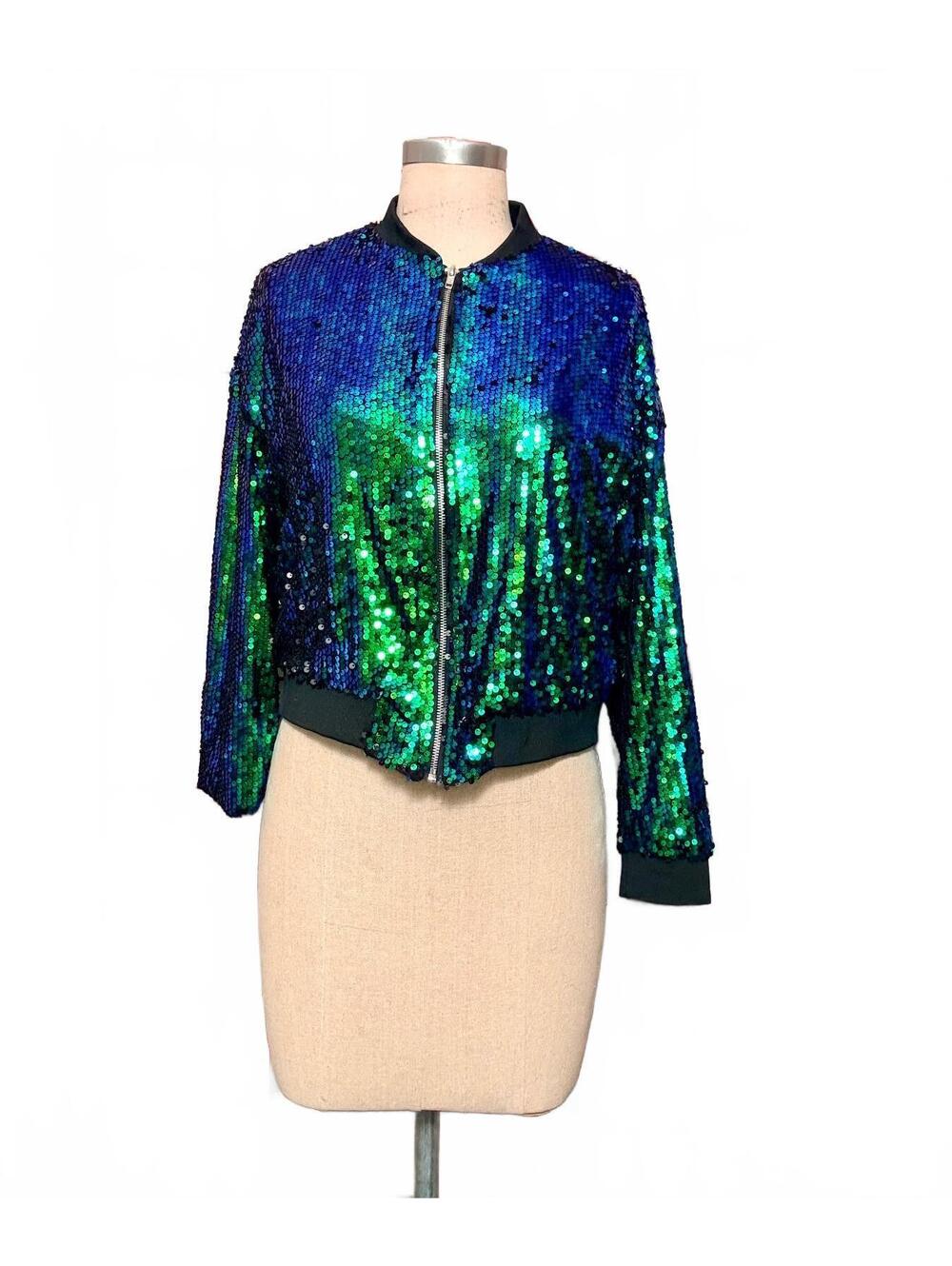 Blue Green Iridescent Sequin Bomber Jacket Small Disco Party Festival